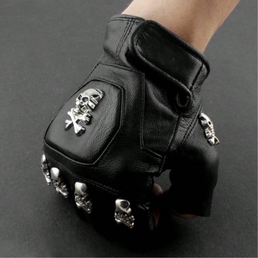Leather Driving Glove - 남성용 천연 가죽 해골 무늬 펑크